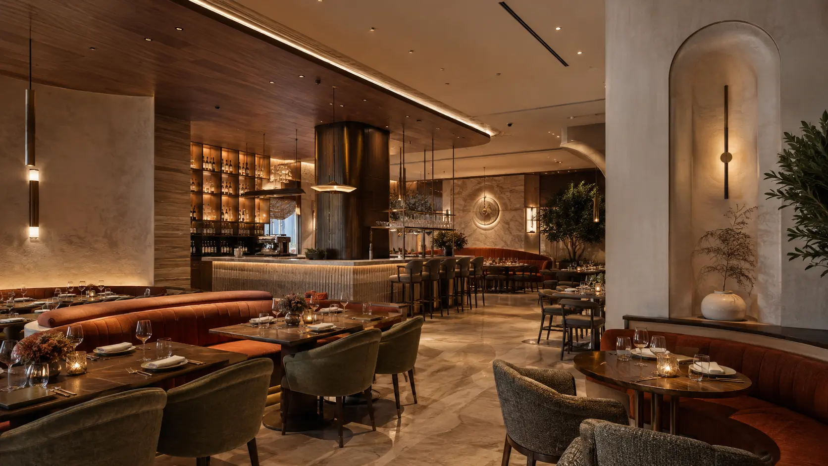 Restaurant interior design with dining and bar area, Dubai