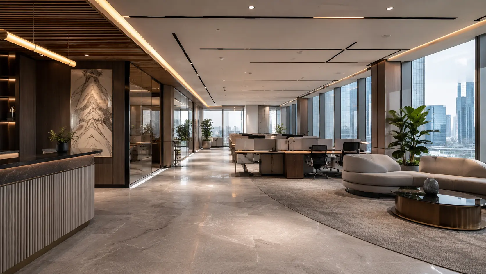 Office interior design with reception and workstations, Dubai