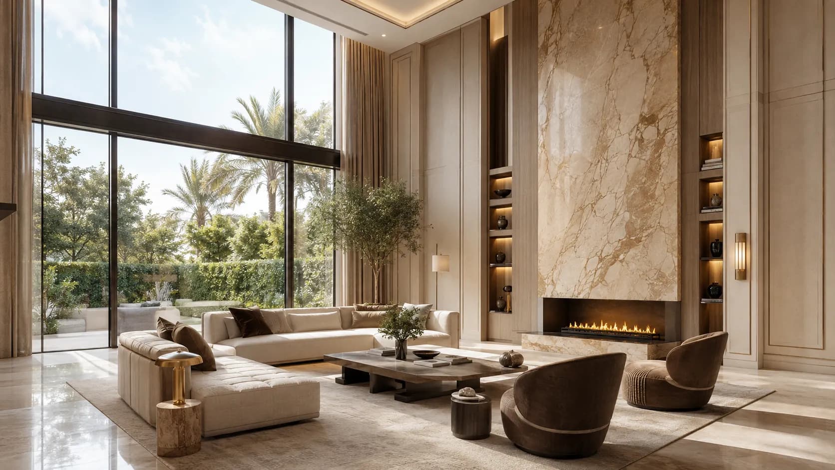 Double-height living room in an Emirates Hills villa with wall panelling and a marble fireplace